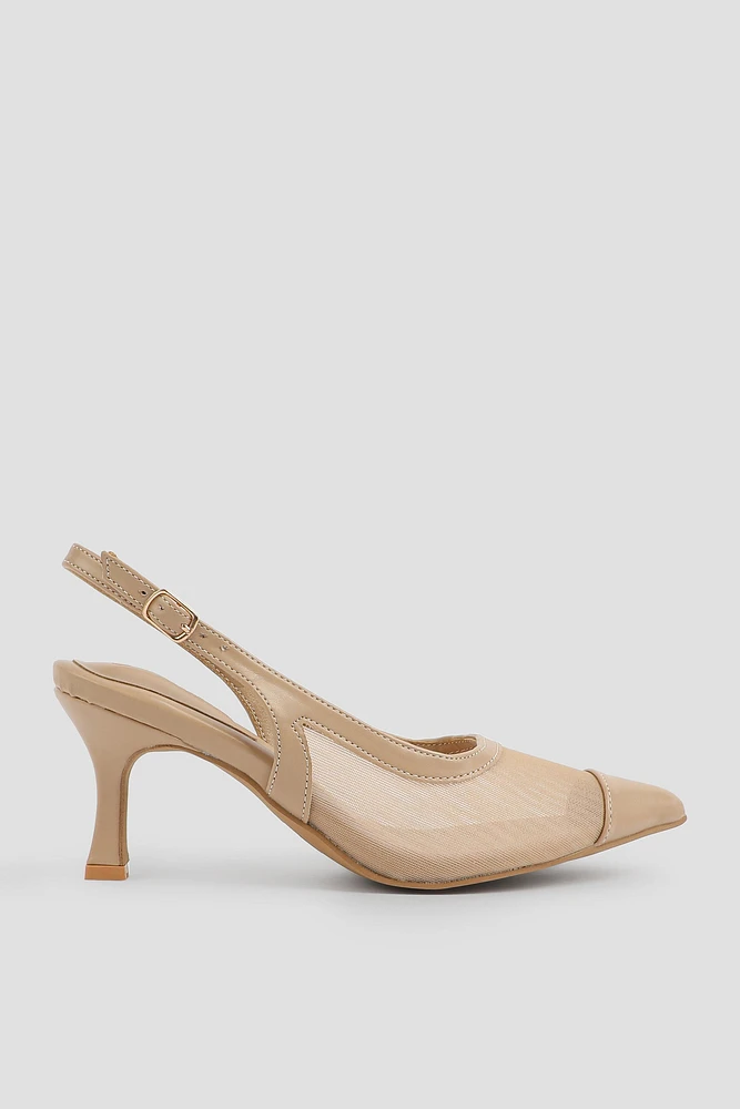 Ardene Mesh Slingback Pumps in Beige | Size | Faux Leather/Faux Suede