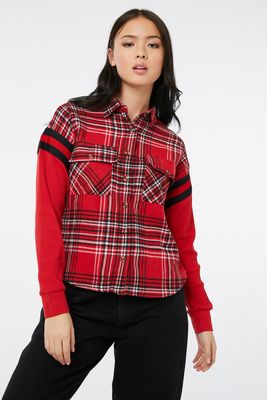 Ardene Plaid Shirt with Thermal Sleeves in Red | Size | 100% Cotton/Polyester