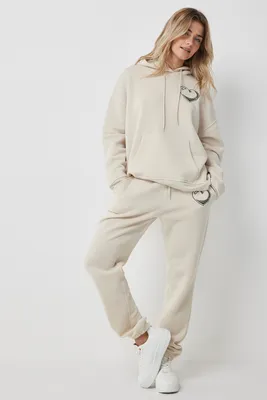 Ardene Embroidered Oversized Sweatpants in Beige | Size | Polyester | Fleece-Lined