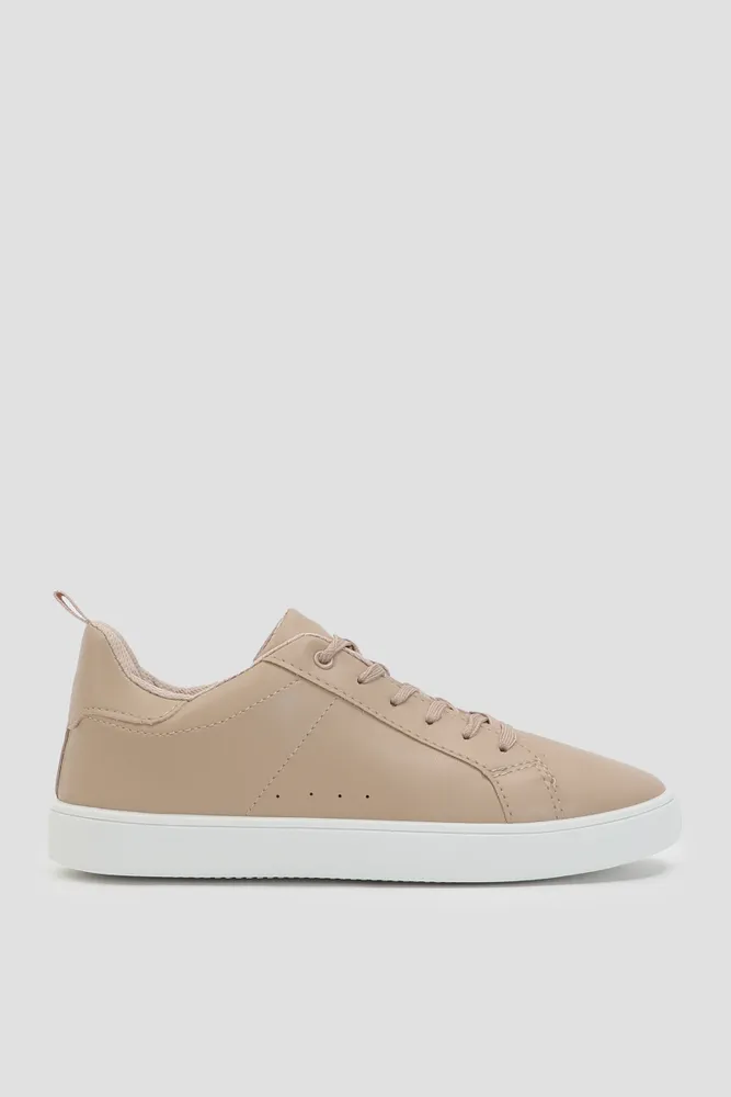 Ardene Lace-Up Tennis Sneakers in Beige | Size 9 | Faux Leather