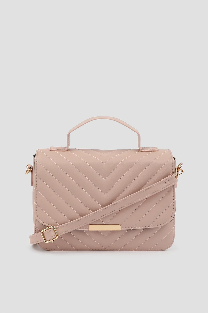 Ardene Chevron Quilted Crossbody Bag in Blush | Faux Leather/Polyester