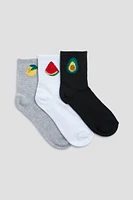 Ardene 3-Pack Fruit Demi-Crew Socks in Light Grey | Polyester/Spandex