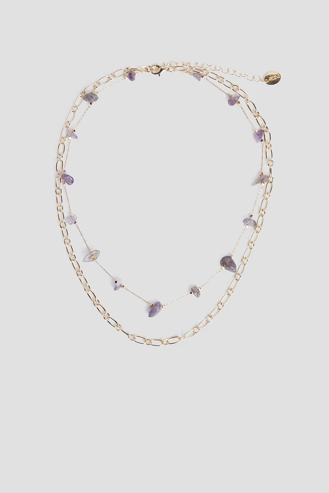 Ardene 2-Row Necklace with Purple Stones in Gold