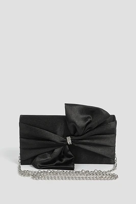 Ardene Satin Clutch with Bow in Black | Polyester