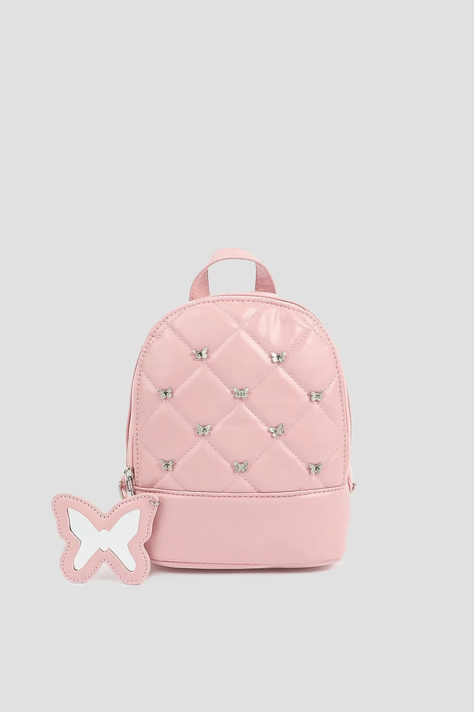 Ardene Kids Studded Backpack with Mirror in Light Pink | Faux Leather