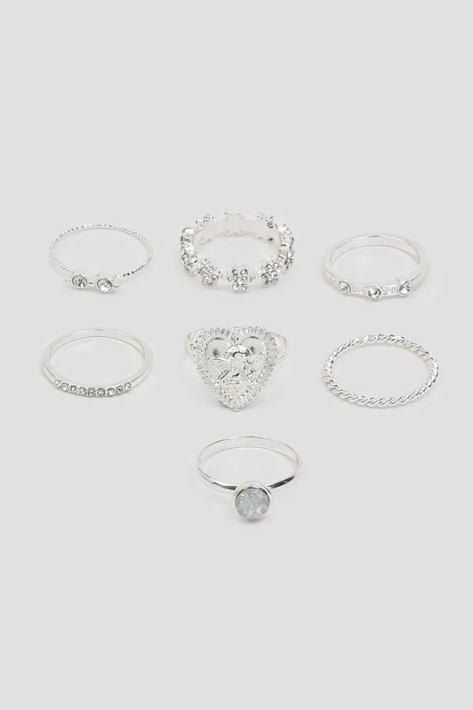 Ardene 7-Pack Angel & Stone Rings in Silver | Size