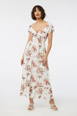 Ardene Floral Maxi Peasant Dress in White | Size | Rayon
