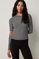 Ardene Raglan Houndstooth Top in Black | Size | Polyester/Elastane