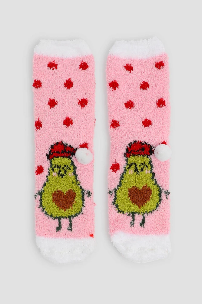 Ardene Festive Avocado Cozy Socks in Light Pink | Polyester/Spandex