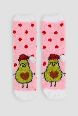 Ardene Festive Avocado Cozy Socks in Light Pink | Polyester/Spandex