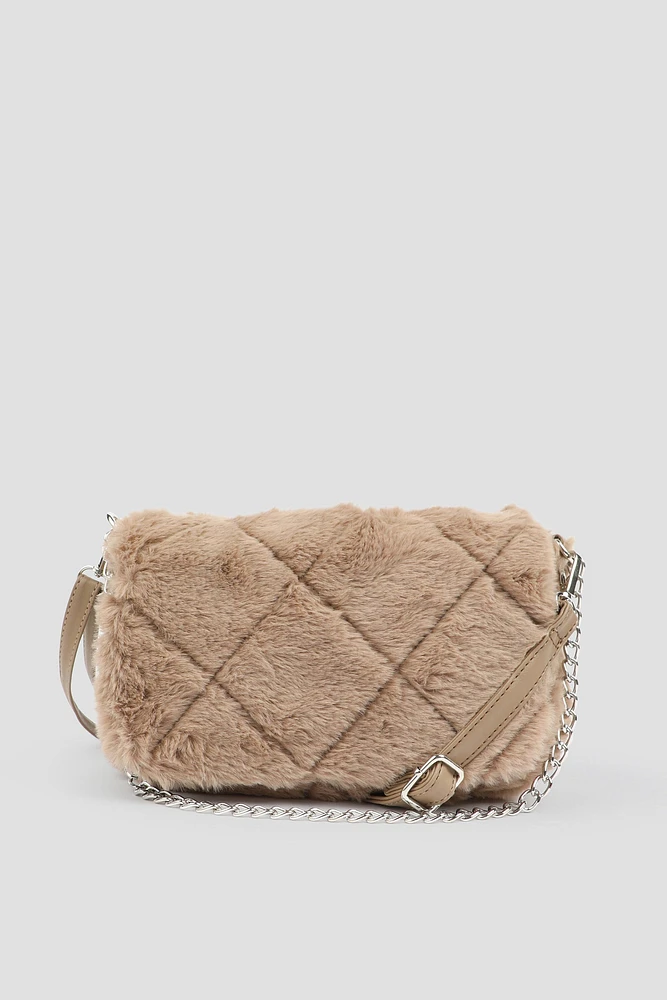 Ardene Faux Fur Shoulder Bag with 2 Straps in Beige | Faux Leather/Polyester