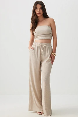 Ardene Seersucker Wide Leg Pants in Beige | Size | Polyester/Spandex