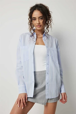 Ardene Striped Poplin Shirt in Light Blue | Size | Polyester/Cotton