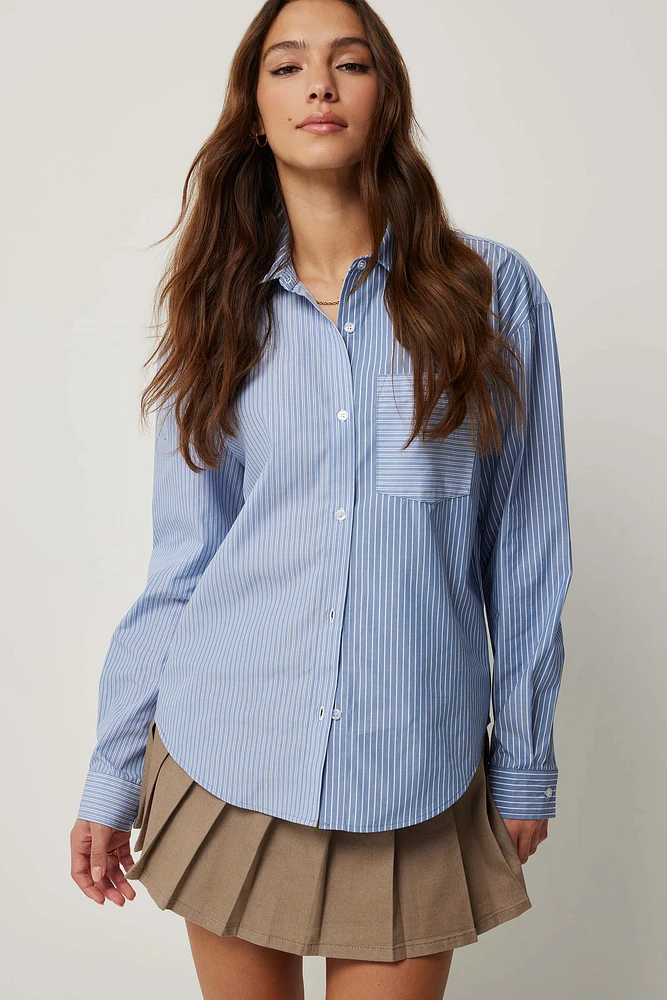 Ardene Dual Print Striped Shirt in Medium Blue | Size | Polyester/Cotton