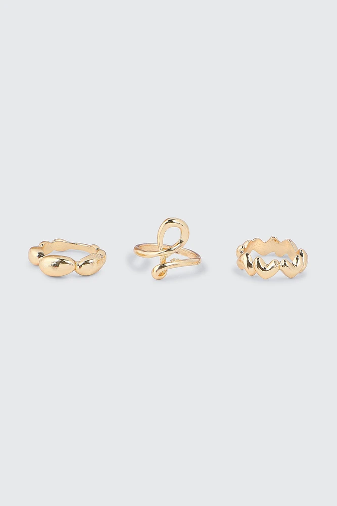 Ardene 3-Pack Heart & Swirl Rings in Gold | Size