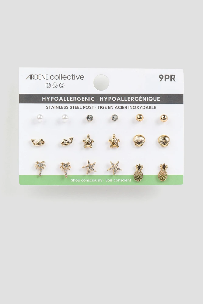 Ardene 9-Pack Tropical Earrings in Gold | Stainless Steel | Eco-Conscious