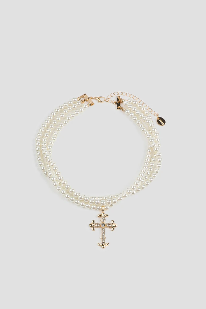 Ardene Three-Row Pearl Choker with Cross Pendant in Gold