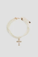 Ardene Three-Row Pearl Choker with Cross Pendant in Gold