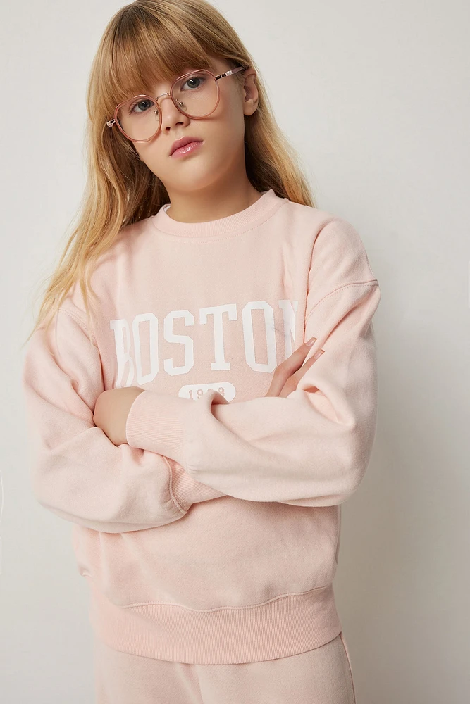 Ardene Kids Destination Crew Neck Sweatshirt in Light | Size | Polyester/Cotton | Fleece-Lined