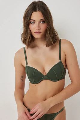 Ardene Push-Up Bra with Biding Detail in Dark Green | Size 34C | Polyester/Nylon/Spandex | Microfiber