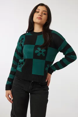 Ardene Multi Pattern Sweater in Dark Green | Size | 100% Acrylic