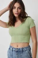 Ardene Ultra Cropped V-Neck T-Shirt in Light Green | Size | Nylon/Elastane