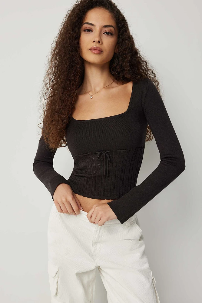 Ardene Square Neck Pointelle Sweater in Black | Size | Polyester/Rayon