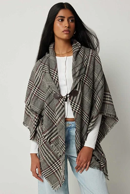 Ardene Plaid Cape with Toggle Button in Grey | 100% Acrylic