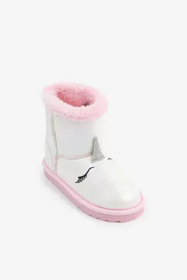 Ardene Faux Sheepskin Boots with Embroidery Detail in Light Pink | Size | Rubber | Microfiber