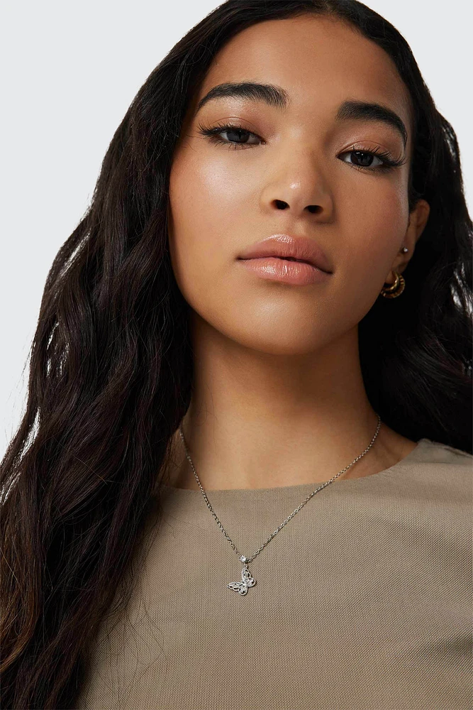Ardene 14K White Gold Plated Butterfly Necklace in Silver