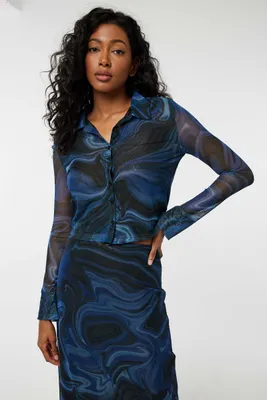 Ardene Cropped Mesh Shirt in Dark Blue | Size | Polyester/Spandex