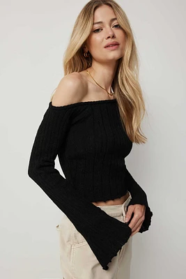 Ardene Crop Asymmetrical Bell Sleeve Sweater in | Size | Polyester