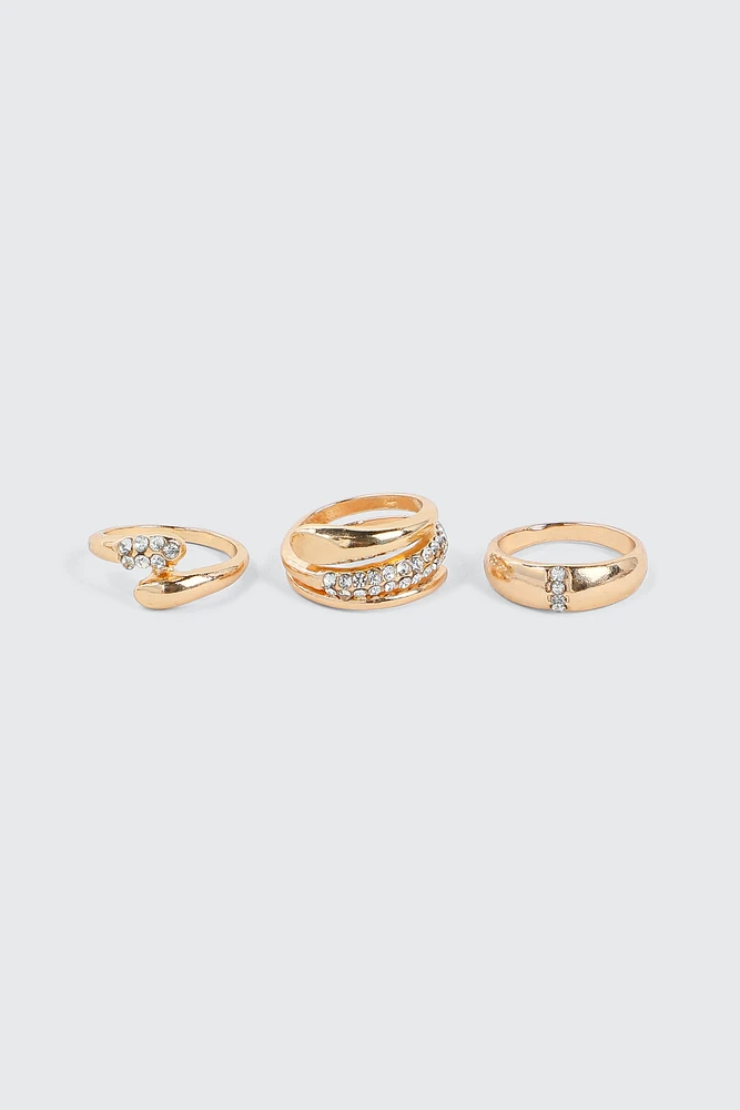 Ardene 3-Pack Pave Rings in Gold | Size