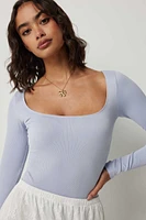 Ardene Scoop Neck Long Sleeve Bodysuit in Light | Size | Nylon/Elastane