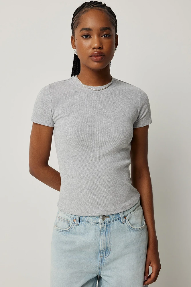 Ardene Short Rib Crew Neck T-Shirt in Light Grey | Size | Cotton/Elastane