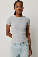 Ardene Short Rib Crew Neck T-Shirt in Light Grey | Size | Cotton/Elastane