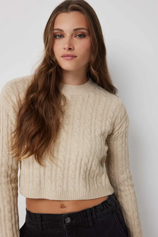 Ardene Crop Cable Sweater in Beige | Size | Polyester/Spandex