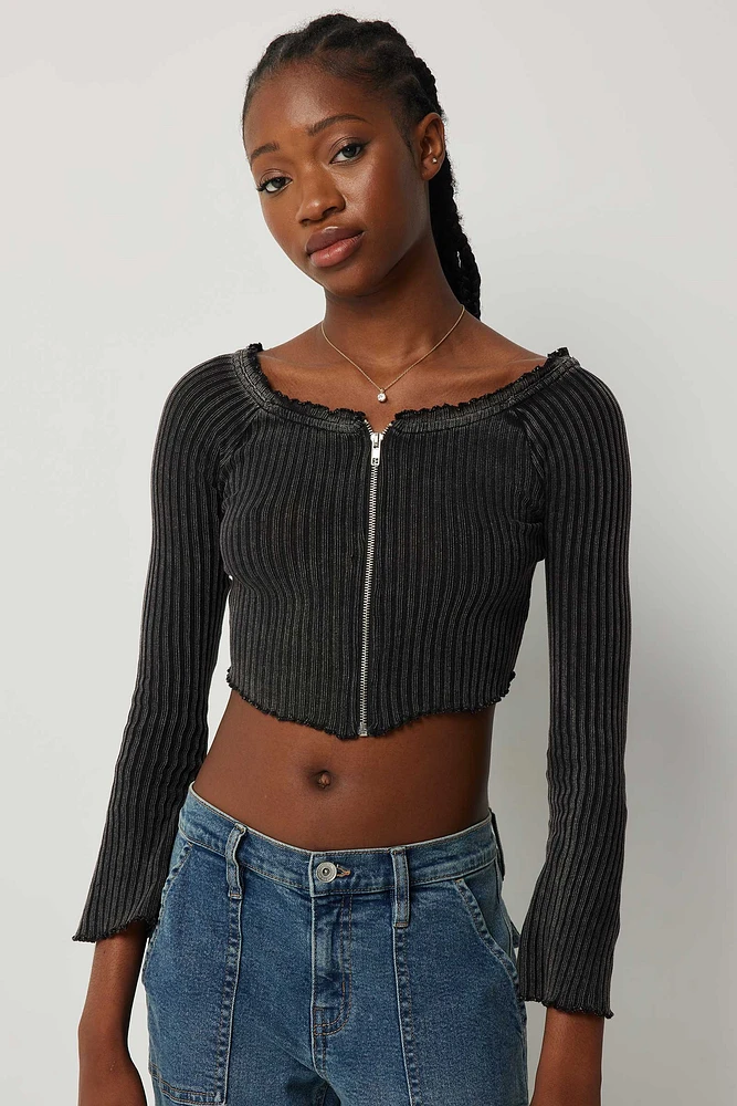 Ardene Off Shoulder Zip Up Sweater in Black | Size | 100% Cotton