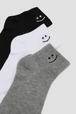 Ardene 3-Pack Smiley Face Demi Crew Socks in Dark Grey | Polyester/Spandex