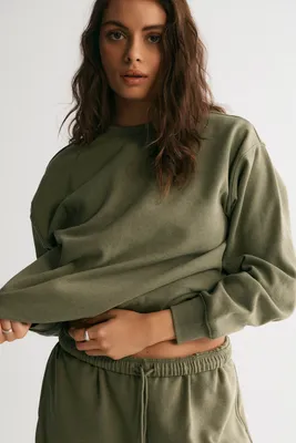 Ardene Solid Crew Neck Sweatshirt in Khaki | Size | Polyester/Cotton | Fleece-Lined | Eco-Conscious