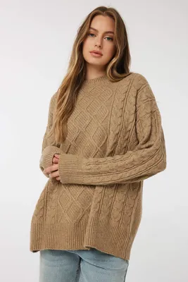 Ardene Oversized Cable Sweater in Beige | Size Small | Polyester