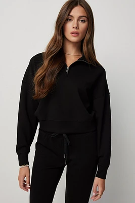 Ardene Scuba Half-Zip Mock Neck Sweatshirt in Black | Size | Polyester/Rayon/Spandex