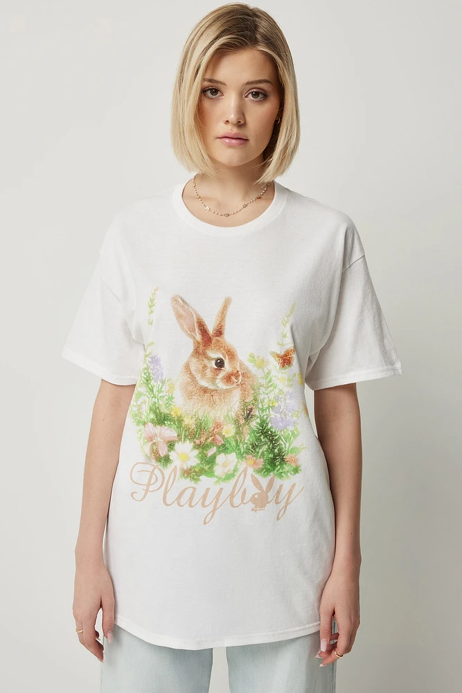 Ardene Oversized Playboy Bunny T-Shirt in White | Size | 100% Cotton