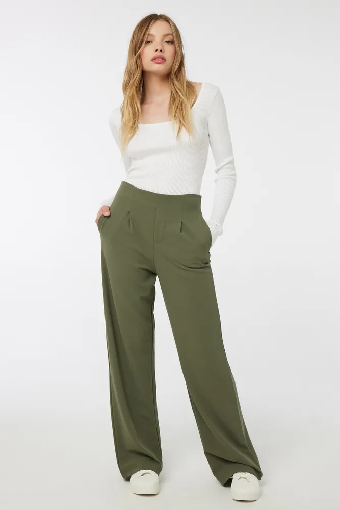 Ardene High Rise Wide Leg Pleated Pants in Khaki, Size XL, Polyester/Spandex