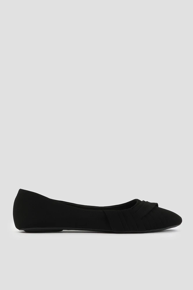 Ardene Pleated Canvas Ballet Flats in Black | Size | Cotton | Eco-Conscious