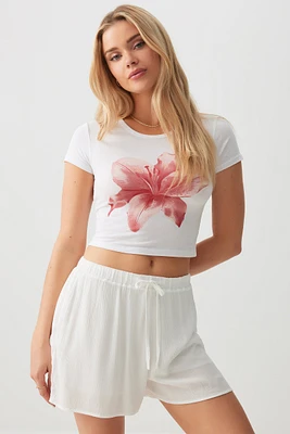 Ardene Hibiscus Print Ultra Crop T-Shirt in White | Size | Cotton/Elastane
