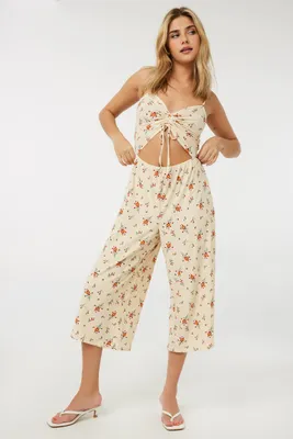 Ardene Floral Cut Out Jumpsuit in Beige | Size | Polyester/Spandex