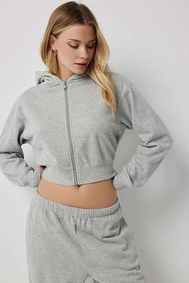 Ardene Cropped Zip-Up Hoodie in Light Grey | Size | Polyester/Cotton | Fleece-Lined | Eco-Conscious