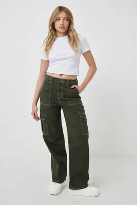 Ardene High Rise 90's Cargo Jeans in Dark Green | Size | 100% Cotton