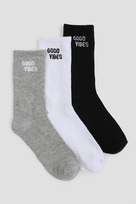 Ardene 3-Pack Good Vibes Crew Socks in Grey | Polyester/Spandex
